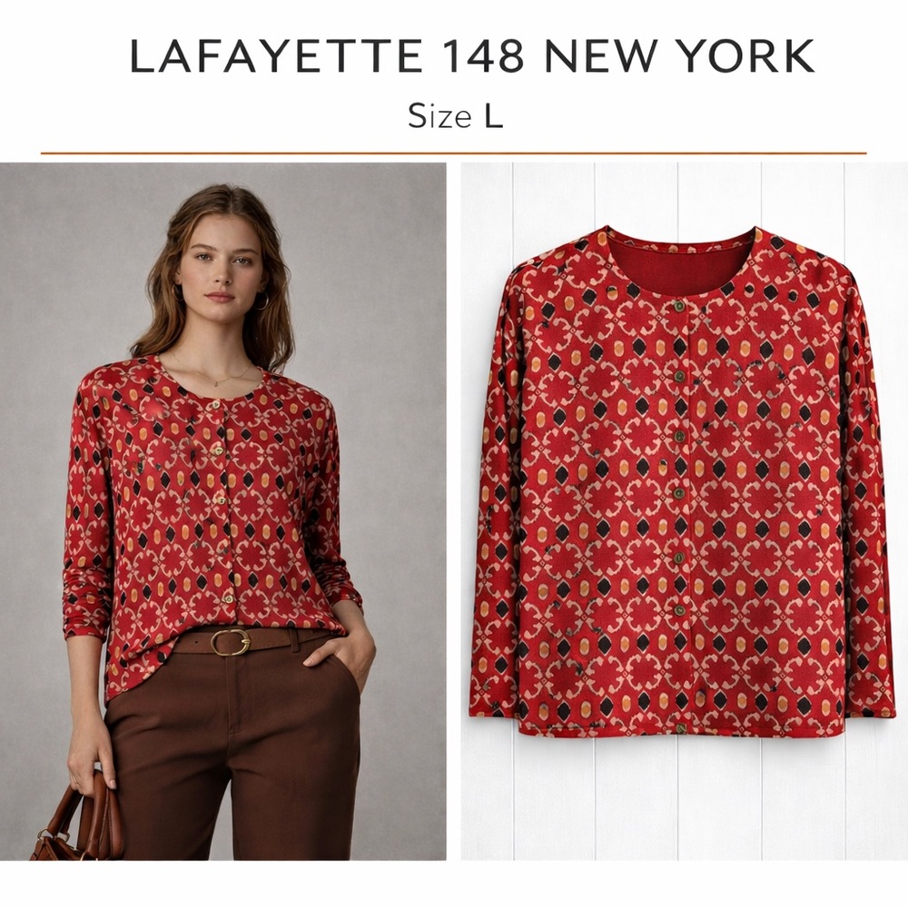 Lafayette 148 New York Printed Button-Front Cardigan Size L Designer Sweater